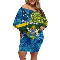 Solomon Islands Family Matching Off Shoulder Short Dress and Hawaiian Shirt Tropical Leaves With Melanesian Pattern LT14 Mom's Dress Green - Polynesian Pride