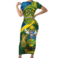 Solomon Islands Family Matching Short Sleeve Bodycon Dress and Hawaiian Shirt Tropical Leaves With Melanesian Pattern LT14 Mom's Dress Green - Polynesian Pride
