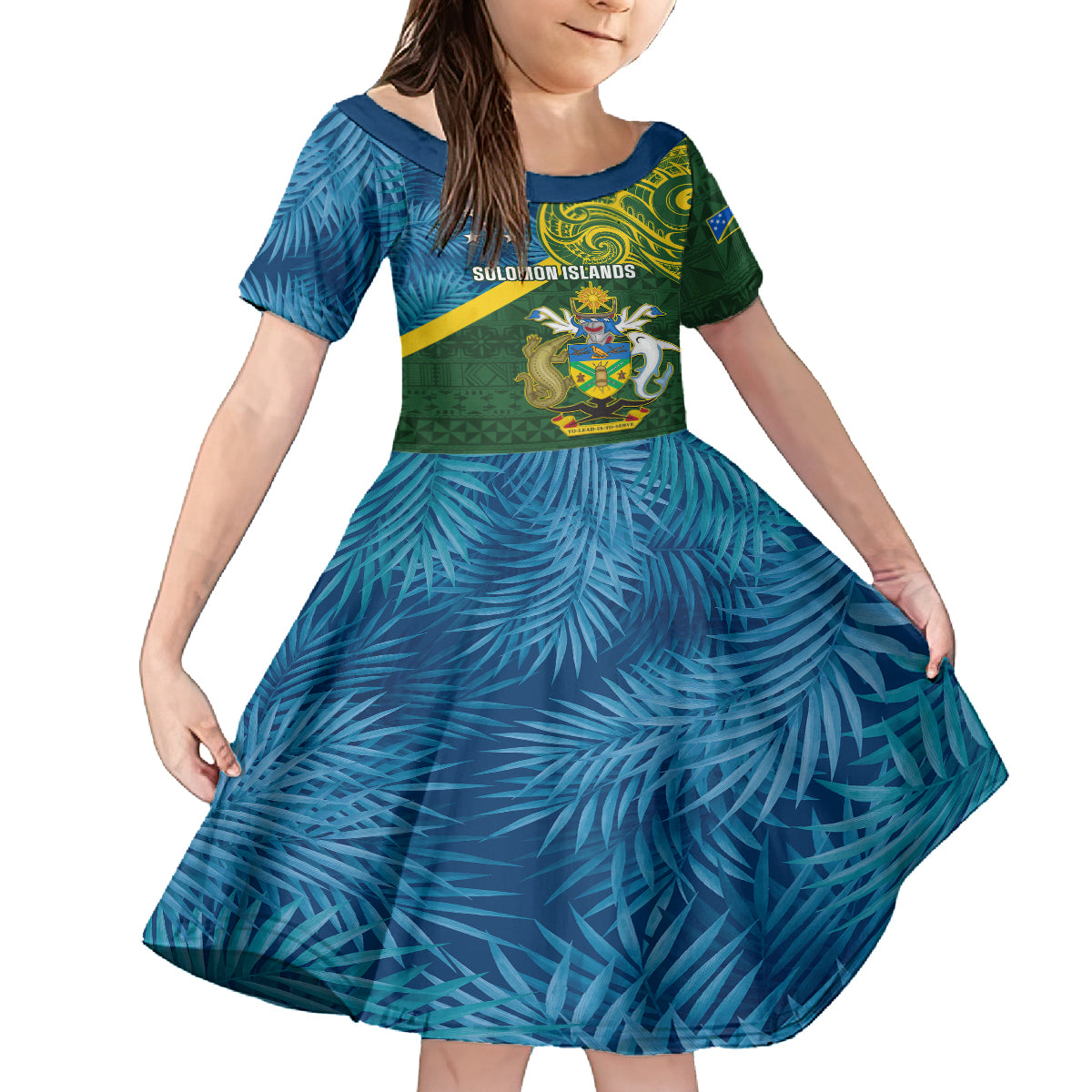 Solomon Islands Family Matching Summer Maxi Dress and Hawaiian Shirt Tropical Leaves With Melanesian Pattern LT14 Daughter's Dress Green - Polynesian Pride