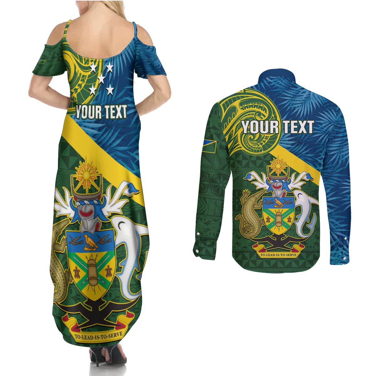 Personalised Solomon Islands Couples Matching Summer Maxi Dress and Long Sleeve Button Shirts Tropical Leaves With Melanesian Pattern LT14 - Polynesian Pride