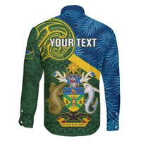 Personalised Solomon Islands Family Matching Off Shoulder Long Sleeve Dress and Hawaiian Shirt Tropical Leaves With Melanesian Pattern LT14 - Polynesian Pride