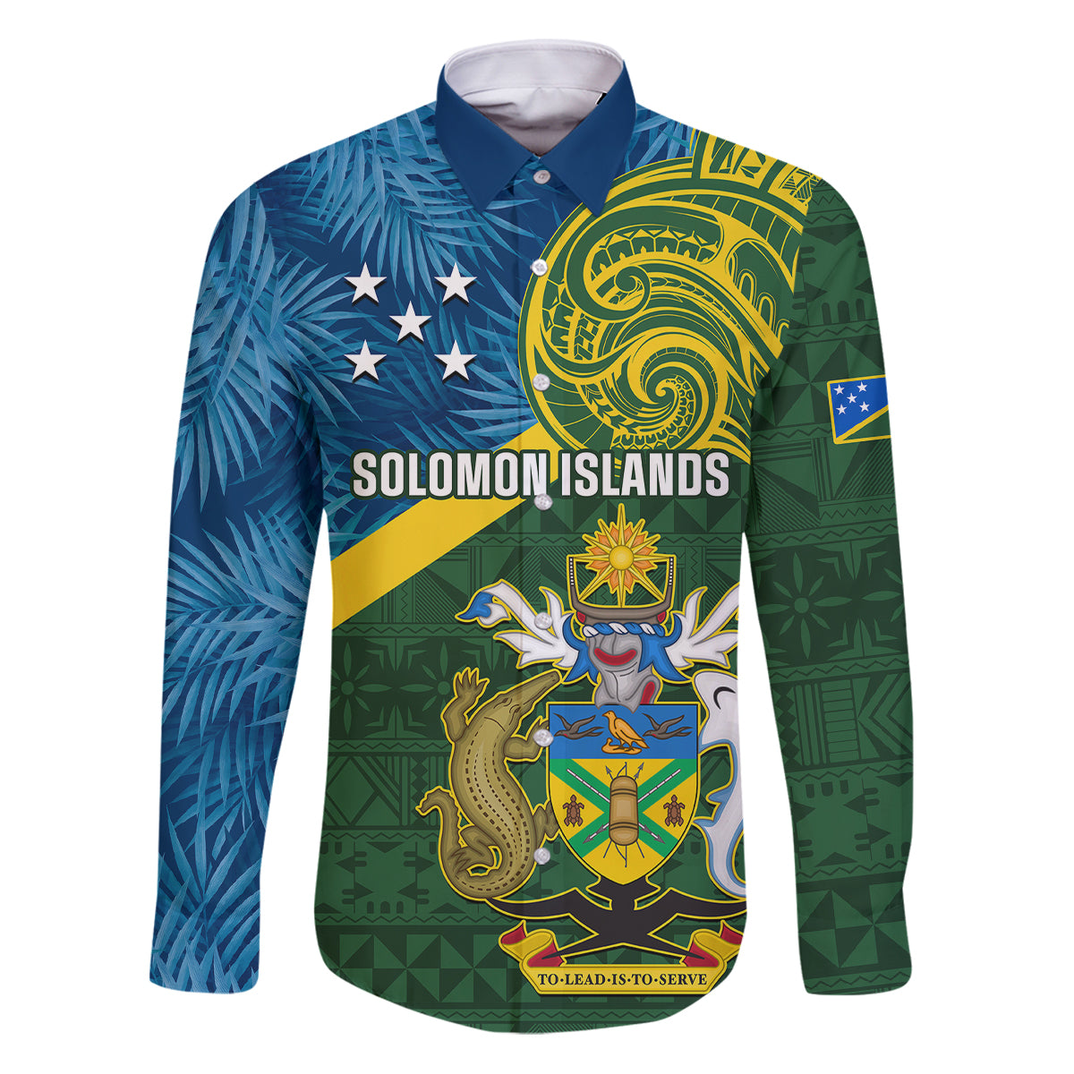 Personalised Solomon Islands Family Matching Puletasi Dress and Hawaiian Shirt Tropical Leaves With Melanesian Pattern LT14 Dad's Shirt - Long Sleeve Green - Polynesian Pride