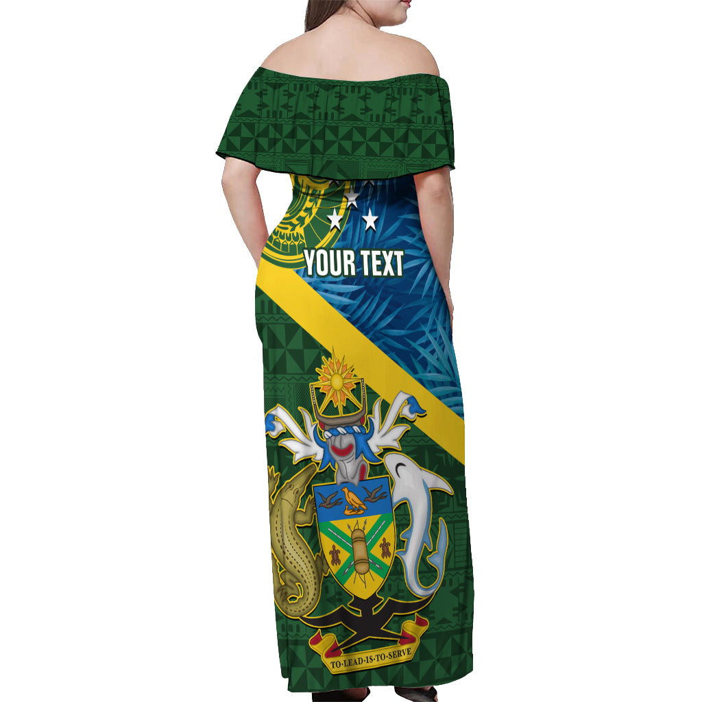 Personalised Solomon Islands Off Shoulder Maxi Dress Tropical Leaves With Melanesian Pattern LT14 - Polynesian Pride