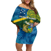 Personalised Solomon Islands Off Shoulder Short Dress Tropical Leaves With Melanesian Pattern LT14 Women Green - Polynesian Pride