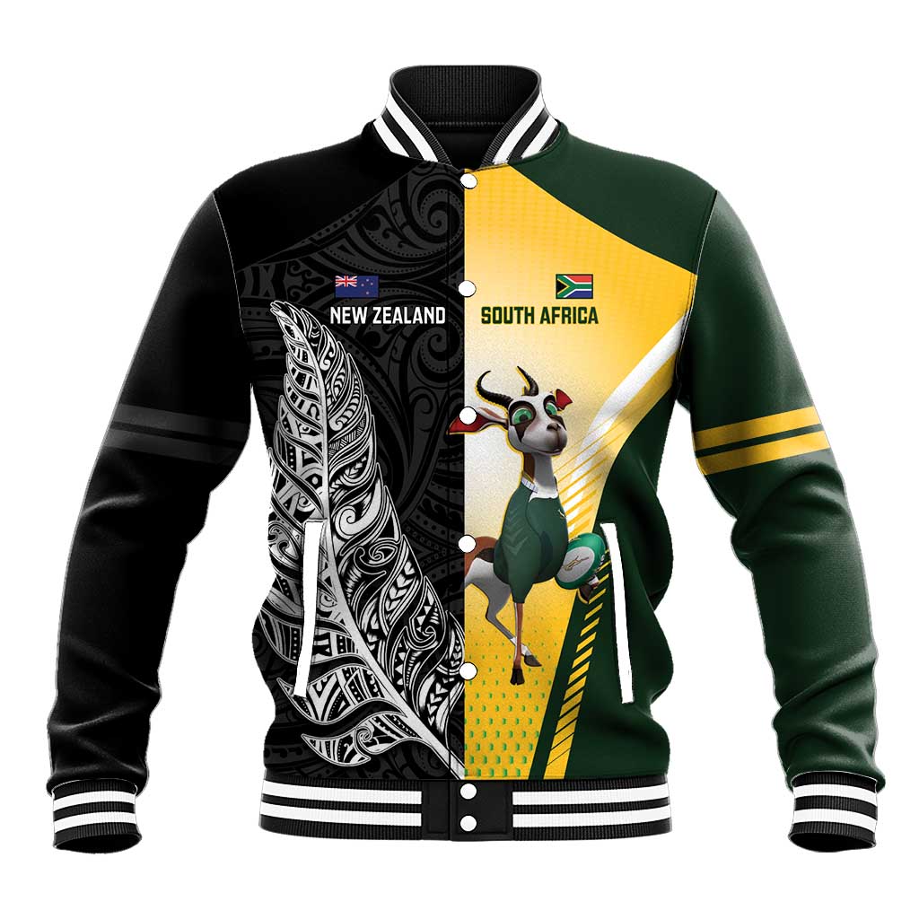 New Zealand and South Africa Rugby Custom Baseball Jacket Maori Silver Fern Springbok Together LT14 Unisex Black - Polynesian Pride