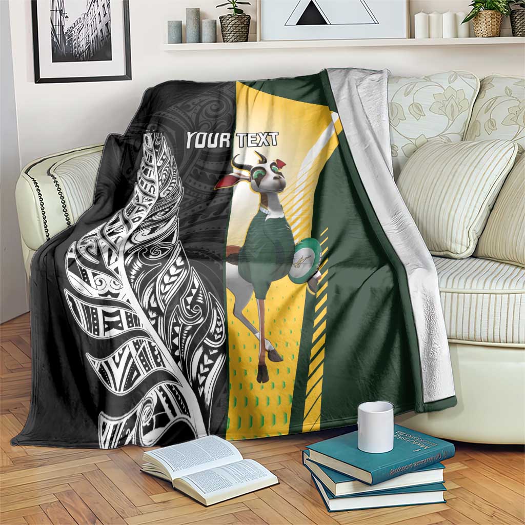 New Zealand and South Africa Rugby Custom Blanket Maori Silver Fern Springbok Together LT14 Black - Polynesian Pride