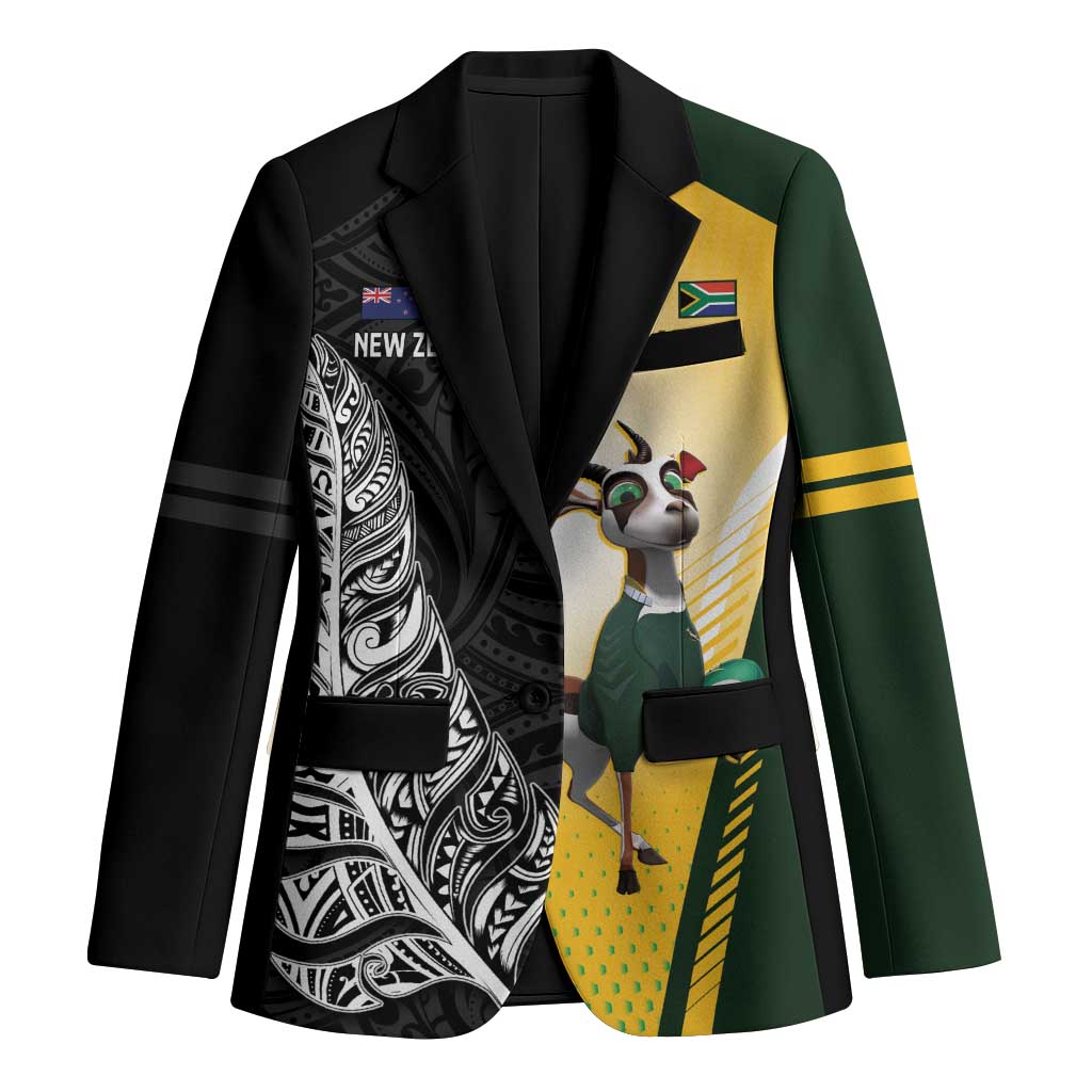 New Zealand and South Africa Rugby Custom Blazer Maori Silver Fern Springbok Together LT14 Unisex Black - Polynesian Pride
