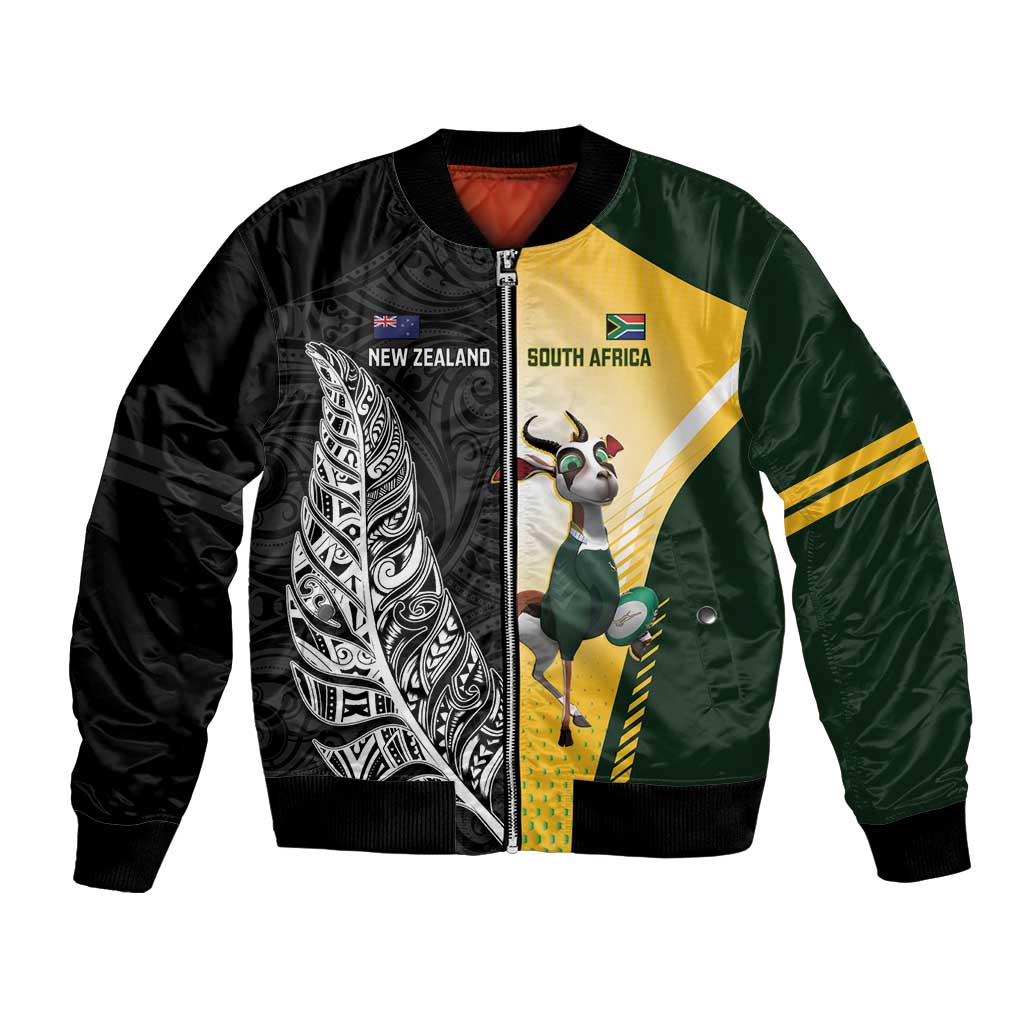 New Zealand and South Africa Rugby Custom Bomber Jacket Maori Silver Fern Springbok Together LT14 Unisex Black - Polynesian Pride