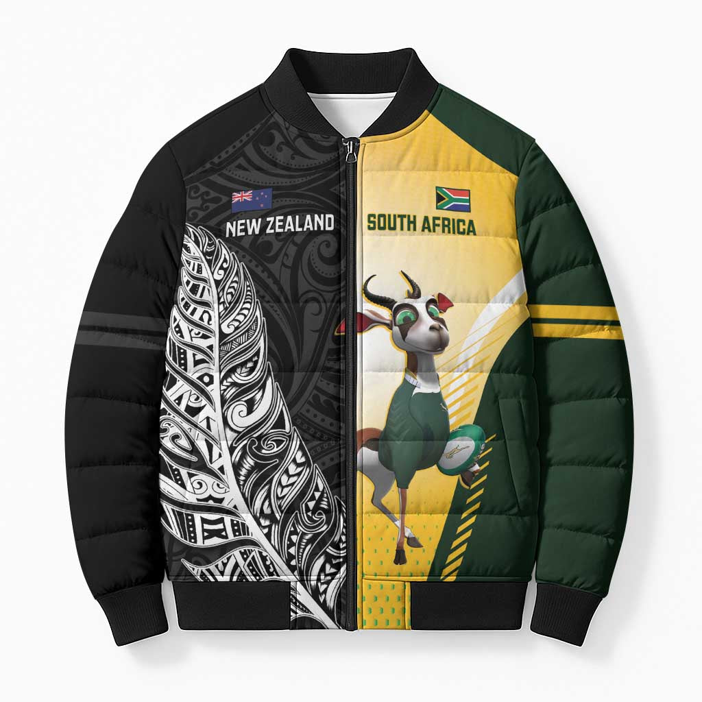 New Zealand and South Africa Rugby Custom Bomber Puffer Jacket Maori Silver Fern Springbok Together LT14 Unisex Black - Polynesian Pride
