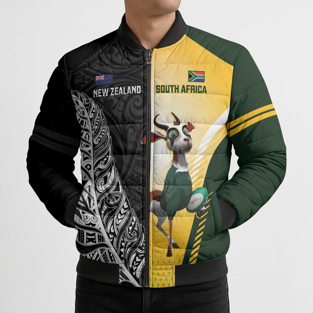New Zealand and South Africa Rugby Custom Bomber Puffer Jacket Maori Silver Fern Springbok Together LT14 - Polynesian Pride
