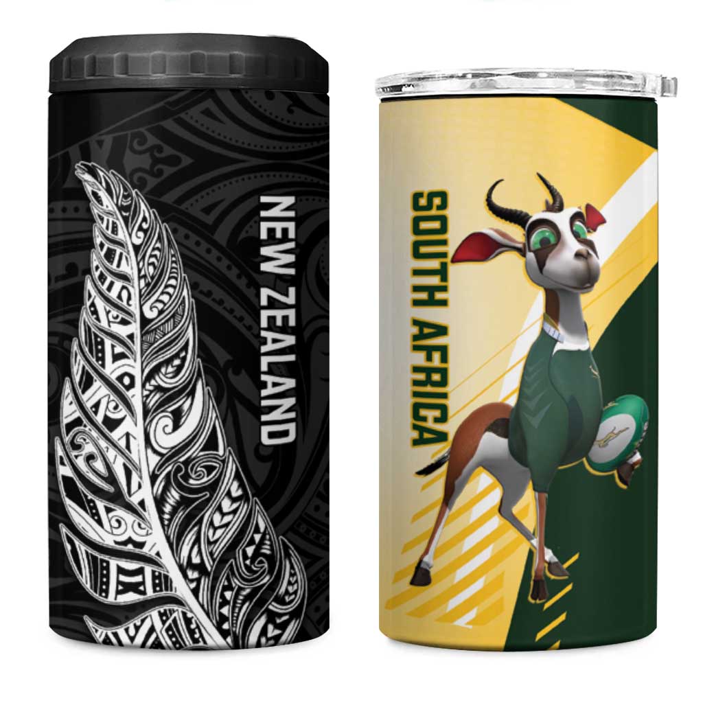New Zealand and South Africa Rugby 4 in 1 Can Cooler Tumbler Maori Silver Fern Springbok Together LT14 One Size: 16 oz Black - Polynesian Pride