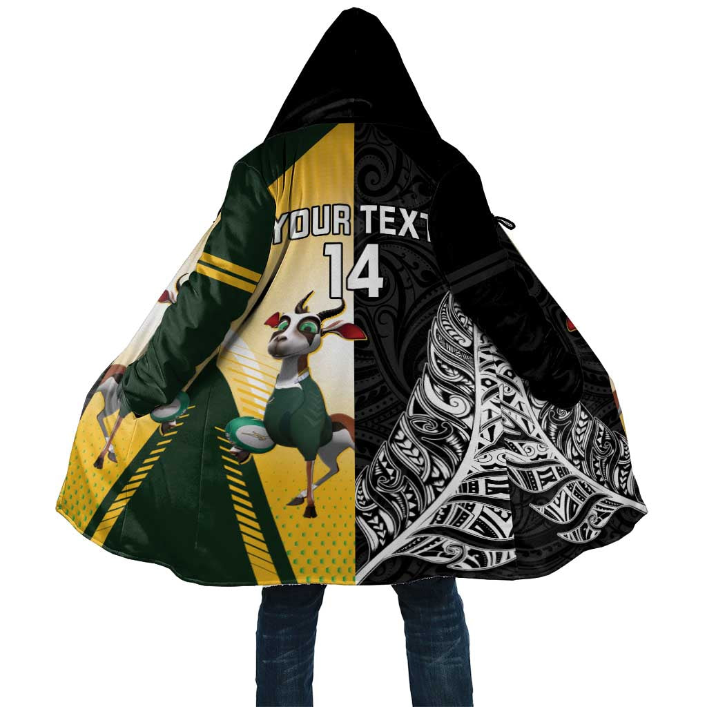 New Zealand and South Africa Rugby Custom Cloak Maori Silver Fern Springbok Together LT14 Unisex Black - Polynesian Pride