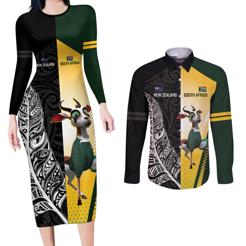 New Zealand and South Africa Rugby Custom Couples Matching Long Sleeve Bodycon Dress and Long Sleeve Button Shirt Maori Silver Fern Springbok Together LT14 Black - Polynesian Pride