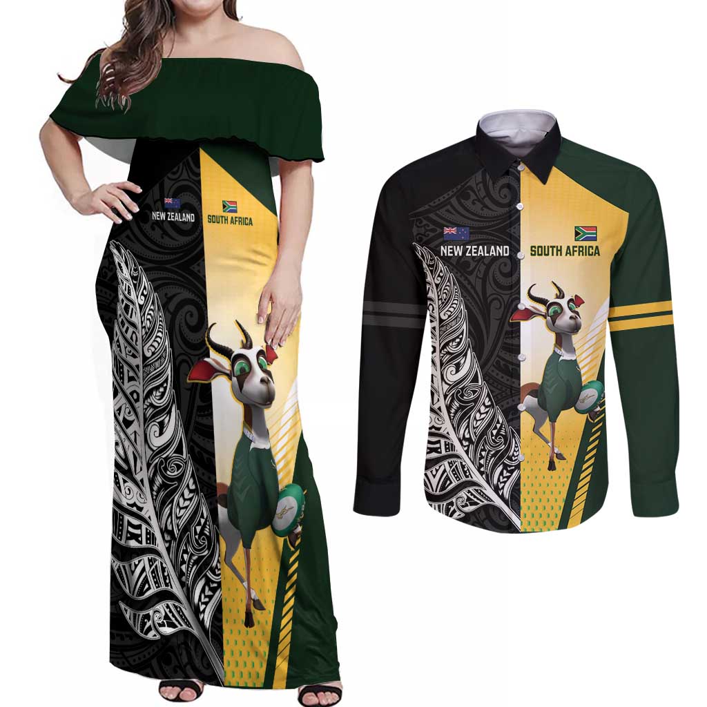 New Zealand and South Africa Rugby Custom Couples Matching Off Shoulder Maxi Dress and Long Sleeve Button Shirt Maori Silver Fern Springbok Together LT14 Black - Polynesian Pride