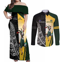 New Zealand and South Africa Rugby Custom Couples Matching Off Shoulder Maxi Dress and Long Sleeve Button Shirt Maori Silver Fern Springbok Together LT14 Black - Polynesian Pride