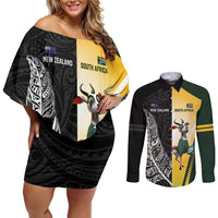 New Zealand and South Africa Rugby Custom Couples Matching Off Shoulder Short Dress and Long Sleeve Button Shirt Maori Silver Fern Springbok Together LT14 Black - Polynesian Pride