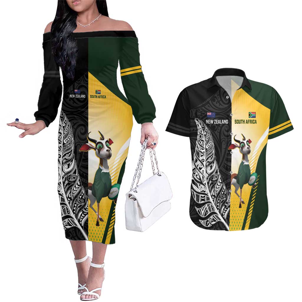 New Zealand and South Africa Rugby Custom Couples Matching Off The Shoulder Long Sleeve Dress and Hawaiian Shirt Maori Silver Fern Springbok Together LT14 Black - Polynesian Pride