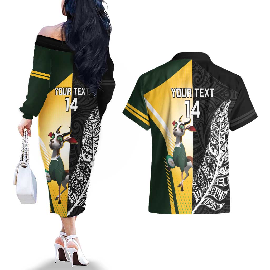 New Zealand and South Africa Rugby Custom Couples Matching Off The Shoulder Long Sleeve Dress and Hawaiian Shirt Maori Silver Fern Springbok Together LT14 - Polynesian Pride