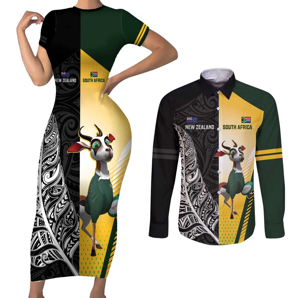 New Zealand and South Africa Rugby Custom Couples Matching Short Sleeve Bodycon Dress and Long Sleeve Button Shirt Maori Silver Fern Springbok Together LT14 Black - Polynesian Pride