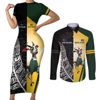 New Zealand and South Africa Rugby Custom Couples Matching Short Sleeve Bodycon Dress and Long Sleeve Button Shirt Maori Silver Fern Springbok Together LT14 Black - Polynesian Pride