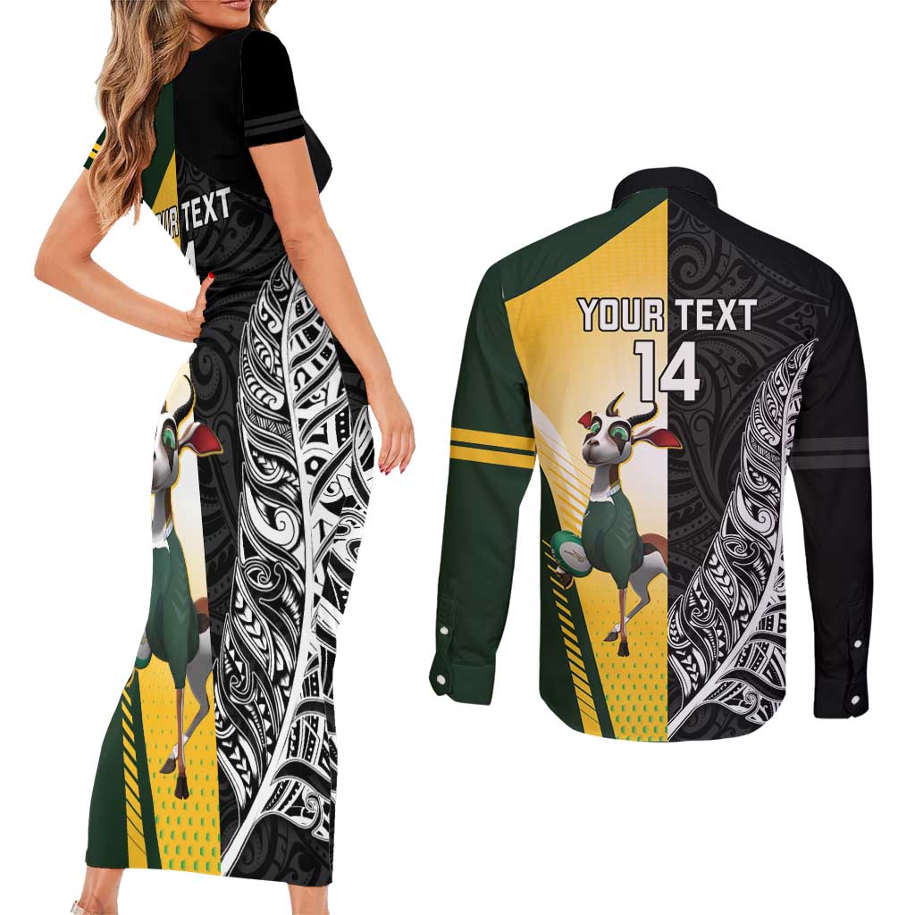 New Zealand and South Africa Rugby Custom Couples Matching Short Sleeve Bodycon Dress and Long Sleeve Button Shirt Maori Silver Fern Springbok Together LT14 - Polynesian Pride