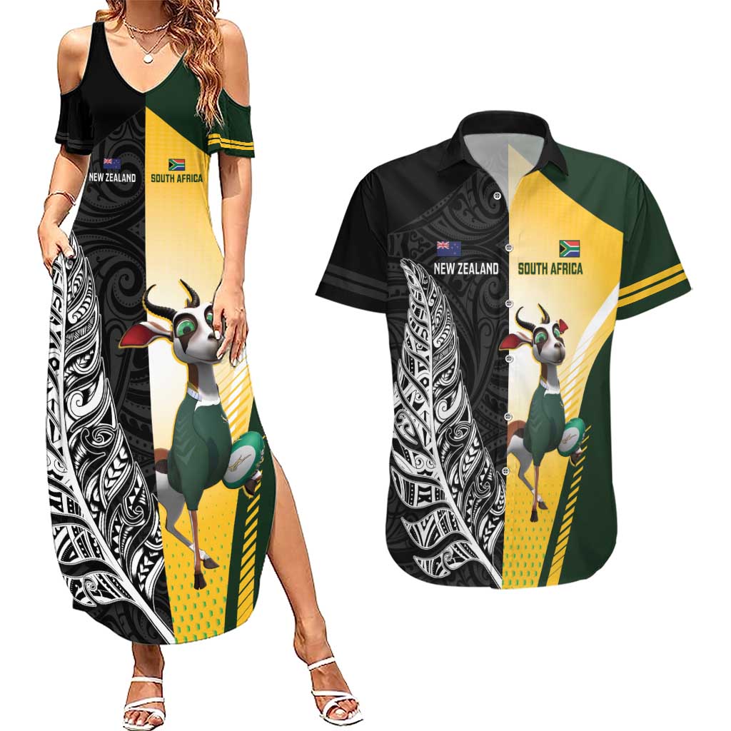 New Zealand and South Africa Rugby Custom Couples Matching Summer Maxi Dress and Hawaiian Shirt Maori Silver Fern Springbok Together LT14 Black - Polynesian Pride