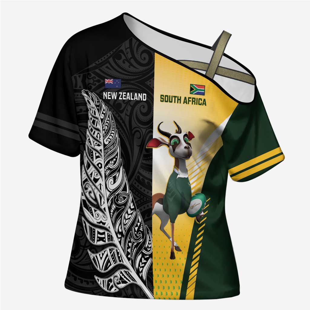 New Zealand and South Africa Rugby Custom Cross Shoulder Shirt Maori Silver Fern Springbok Together LT14 Female Black - Polynesian Pride