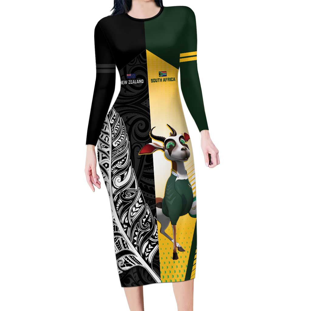 New Zealand and South Africa Rugby Custom Family Matching Long Sleeve Bodycon Dress and Hawaiian Shirt Maori Silver Fern Springbok Together LT14 Mom's Dress Black - Polynesian Pride