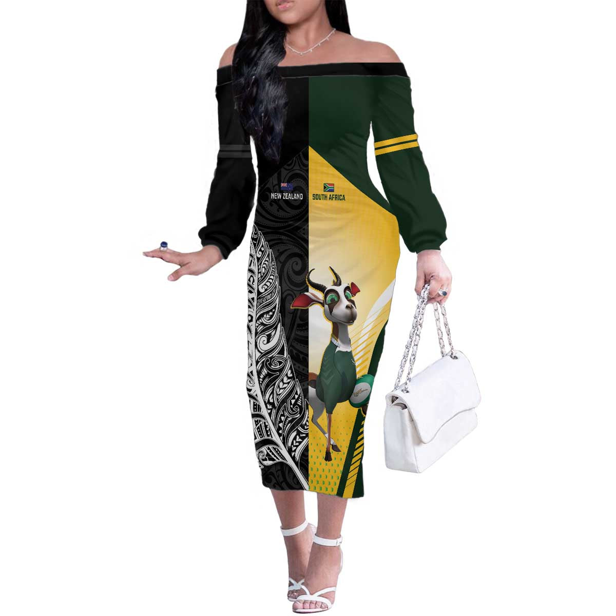 New Zealand and South Africa Rugby Custom Family Matching Off The Shoulder Long Sleeve Dress and Hawaiian Shirt Maori Silver Fern Springbok Together LT14 Mom's Dress Black - Polynesian Pride