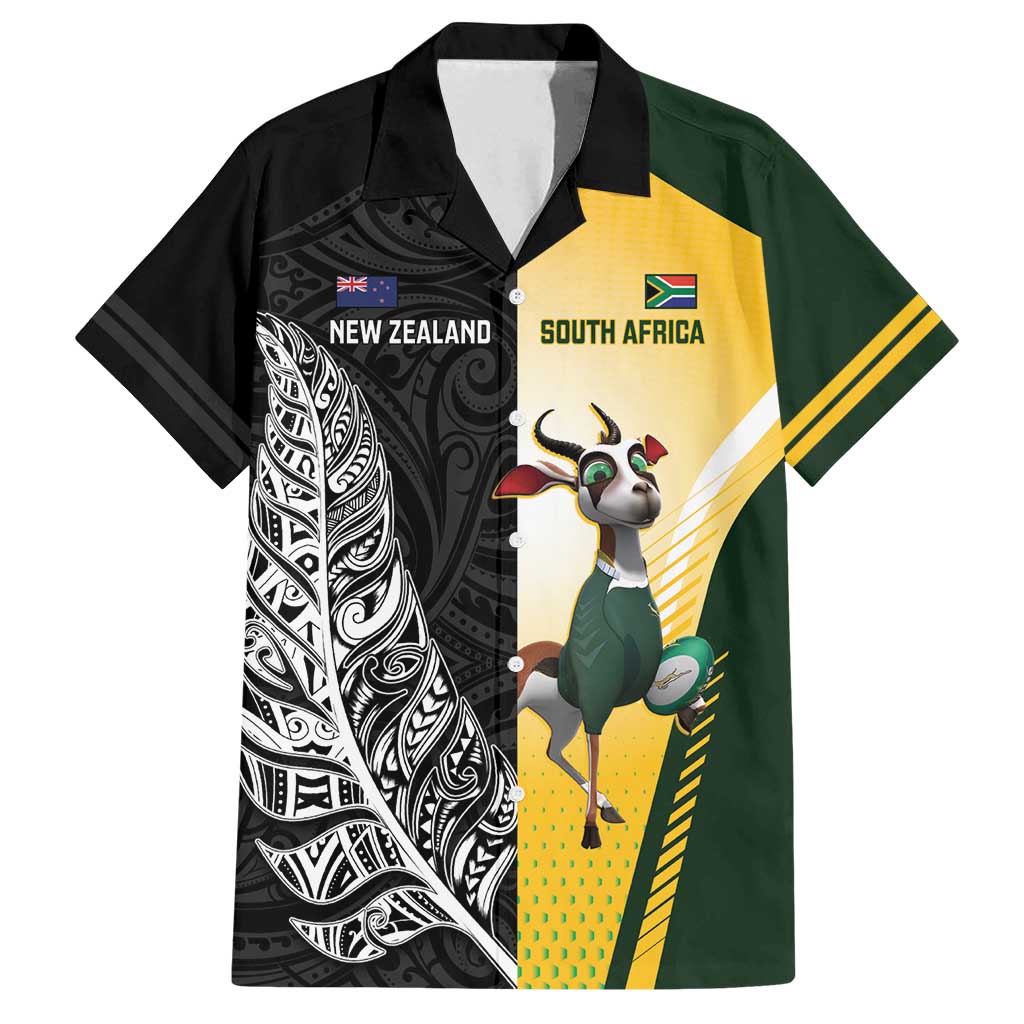 New Zealand and South Africa Rugby Custom Family Matching Off Shoulder Maxi Dress and Hawaiian Shirt Maori Silver Fern Springbok Together LT14 Dad's Shirt - Short Sleeve Black - Polynesian Pride