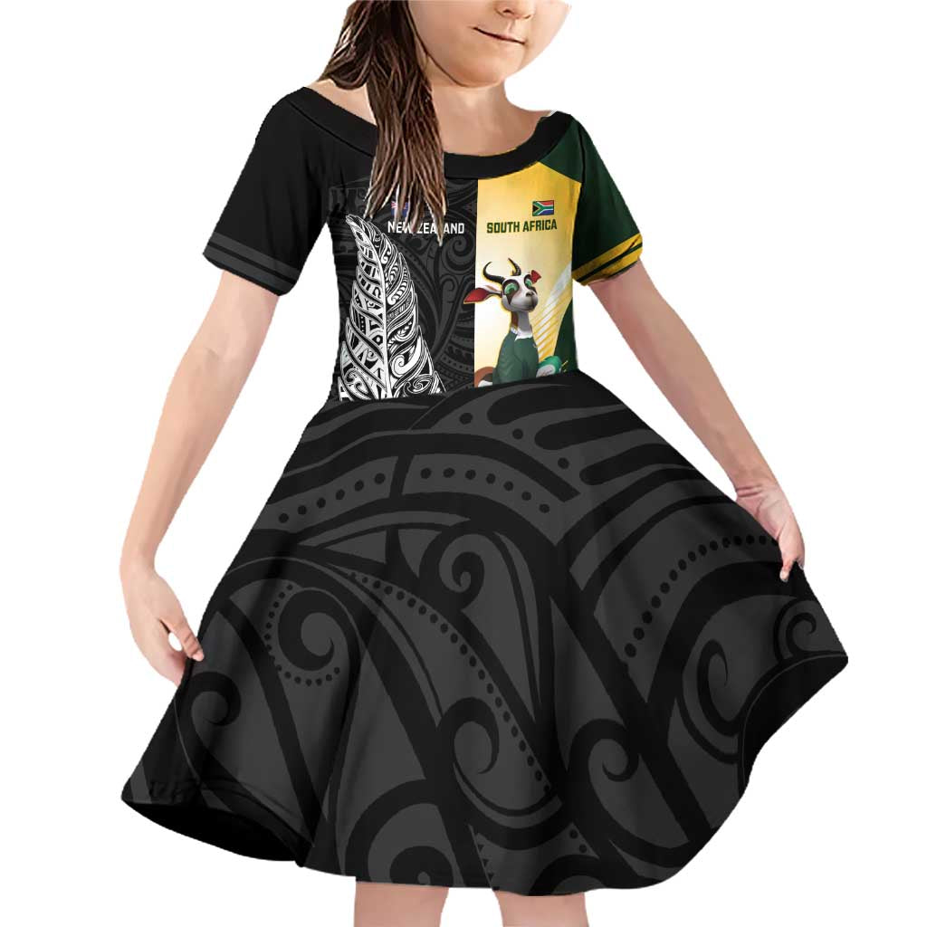 New Zealand and South Africa Rugby Custom Family Matching Off Shoulder Short Dress and Hawaiian Shirt Maori Silver Fern Springbok Together LT14 Daughter's Dress Black - Polynesian Pride