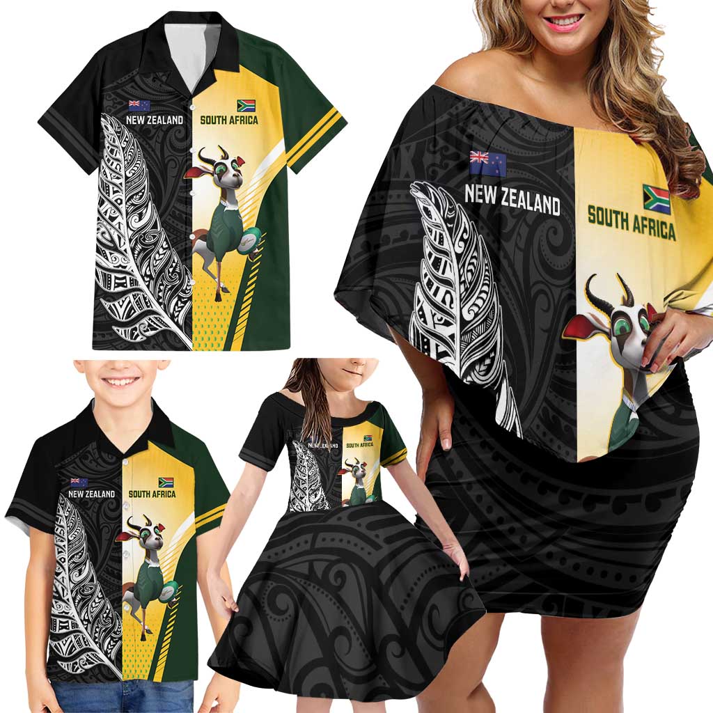 New Zealand and South Africa Rugby Custom Family Matching Off Shoulder Short Dress and Hawaiian Shirt Maori Silver Fern Springbok Together LT14 - Polynesian Pride