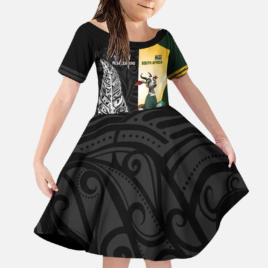 New Zealand and South Africa Rugby Custom Family Matching Summer Maxi Dress and Hawaiian Shirt Maori Silver Fern Springbok Together LT14 Daughter's Dress Black - Polynesian Pride