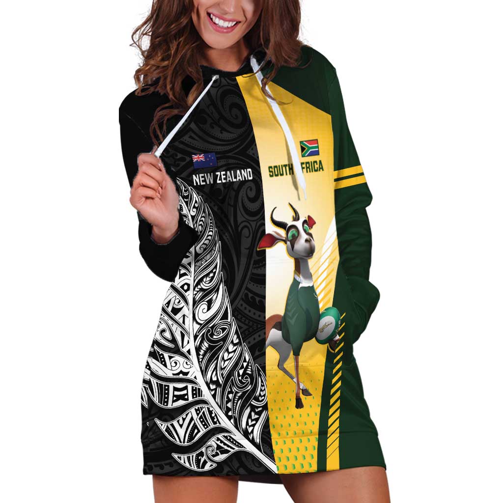 New Zealand and South Africa Rugby Custom Hoodie Dress Maori Silver Fern Springbok Together LT14 Black - Polynesian Pride