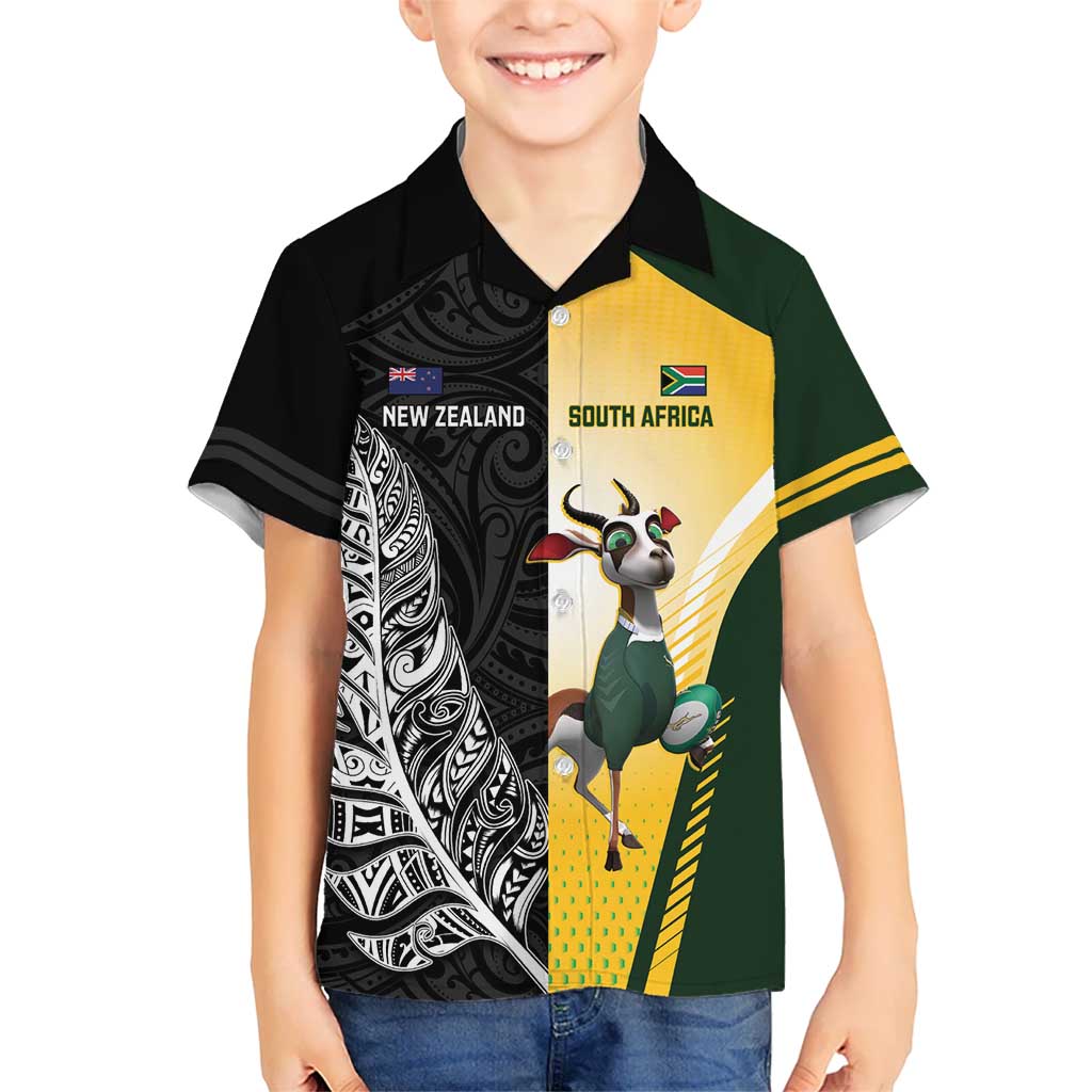 New Zealand and South Africa Rugby Custom Kid Hawaiian Shirt Maori Silver Fern Springbok Together - Polynesian Pride