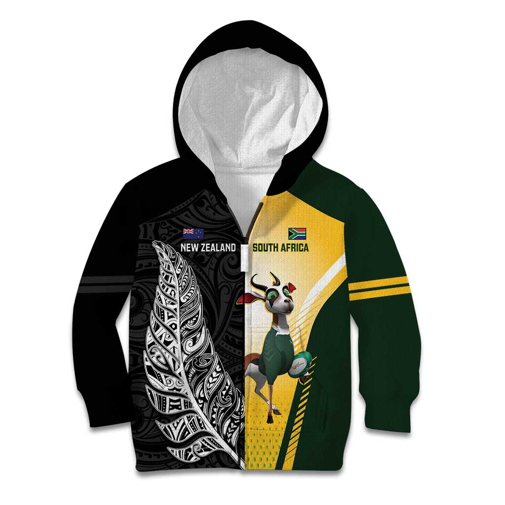 New Zealand and South Africa Rugby Custom Kid Hoodie Maori Silver Fern Springbok Together LT14 Zip Hoodie Black - Polynesian Pride