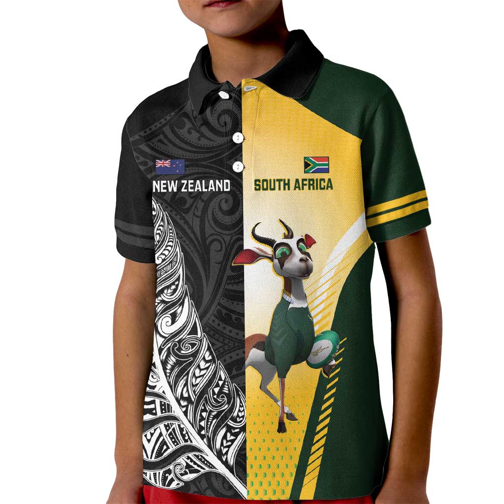 New Zealand and South Africa Rugby Custom Kid Polo Shirt Maori Silver Fern Springbok Together LT14 Kid Black - Polynesian Pride