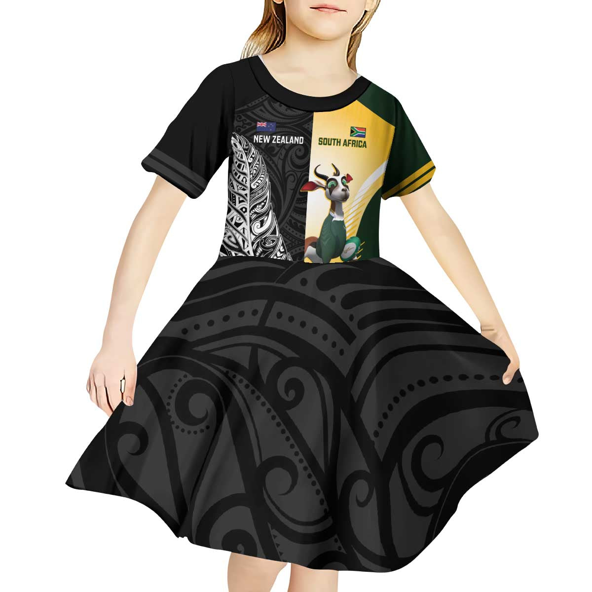 New Zealand and South Africa Rugby Custom Kid Short Sleeve Dress Maori Silver Fern Springbok Together LT14 - Polynesian Pride