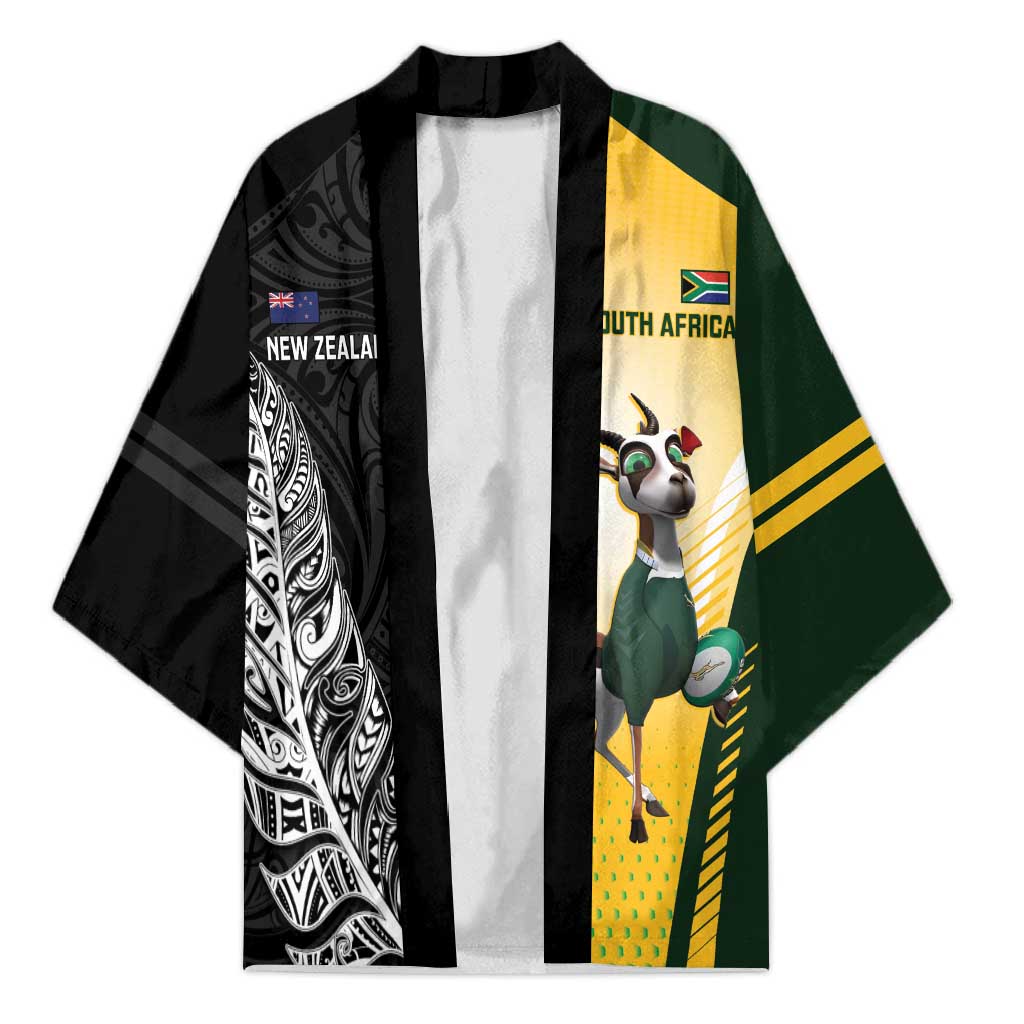 New Zealand and South Africa Rugby Custom Kimono Maori Silver Fern Springbok Together LT14 Unisex Black - Polynesian Pride