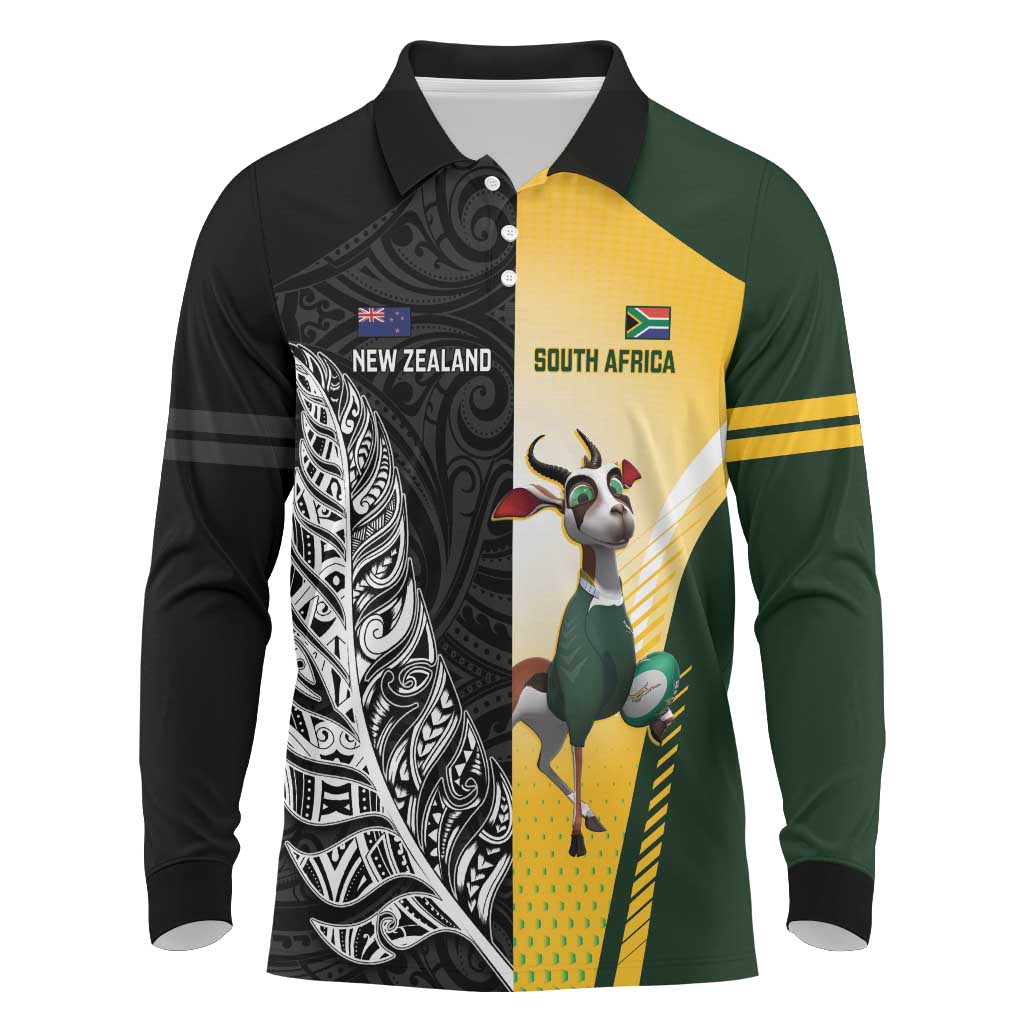 New Zealand and South Africa Rugby Custom Long Sleeve Polo Shirt Maori Silver Fern Springbok Together LT14 Black - Polynesian Pride