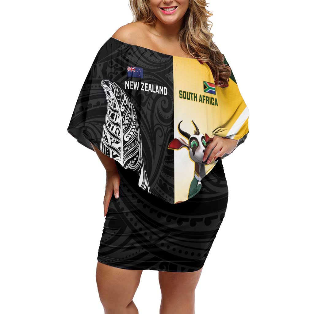 New Zealand and South Africa Rugby Custom Off Shoulder Short Dress Maori Silver Fern Springbok Together LT14 Women Black - Polynesian Pride