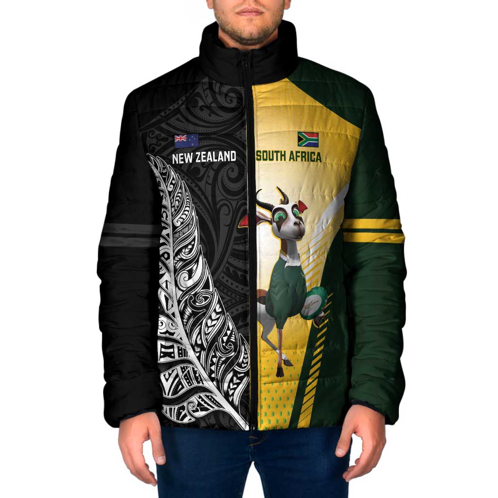New Zealand and South Africa Rugby Custom Padded Jacket Maori Silver Fern Springbok Together LT14 Men Black - Polynesian Pride