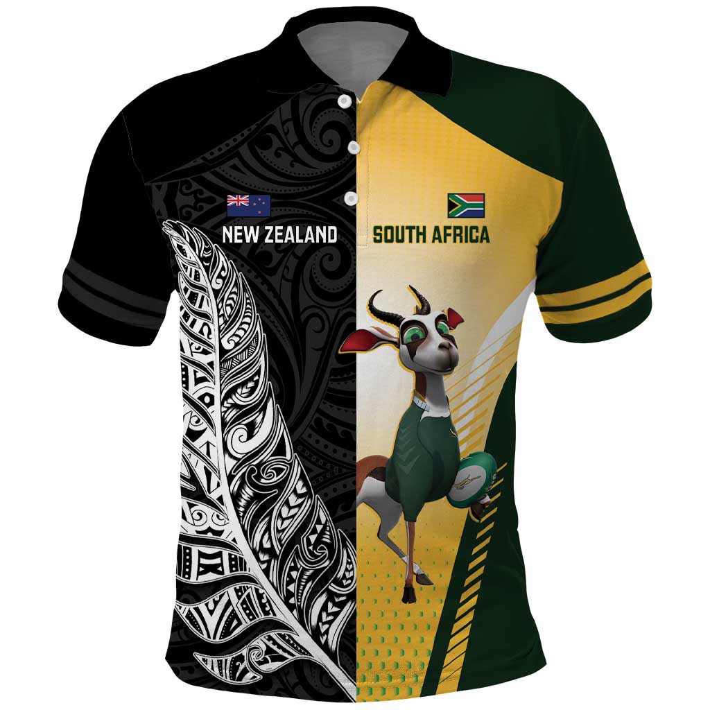 New Zealand and South Africa Rugby Custom Polo Shirt Maori Silver Fern Springbok Together LT14 Black - Polynesian Pride