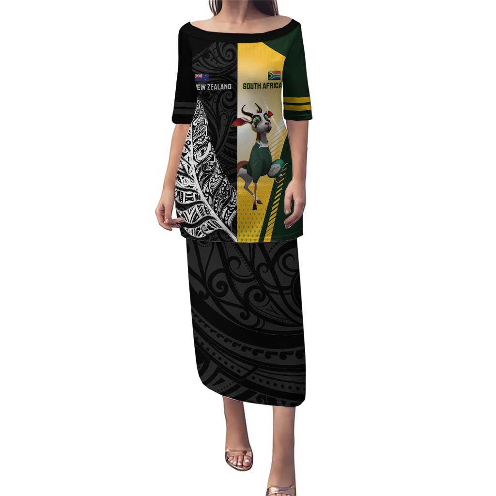 New Zealand and South Africa Rugby Custom Puletasi Maori Silver Fern Springbok Together LT14 Long Dress Black - Polynesian Pride
