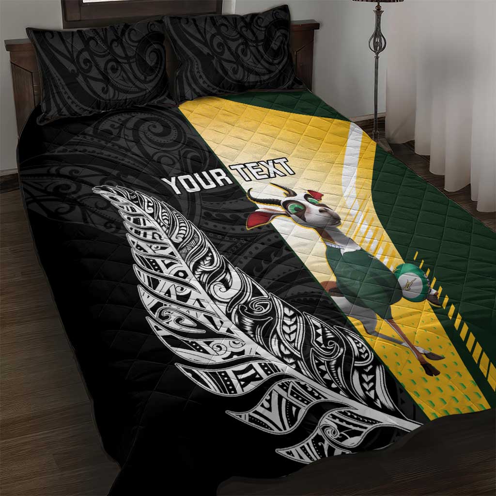 New Zealand and South Africa Rugby Custom Quilt Bed Set Maori Silver Fern Springbok Together LT14 Black - Polynesian Pride