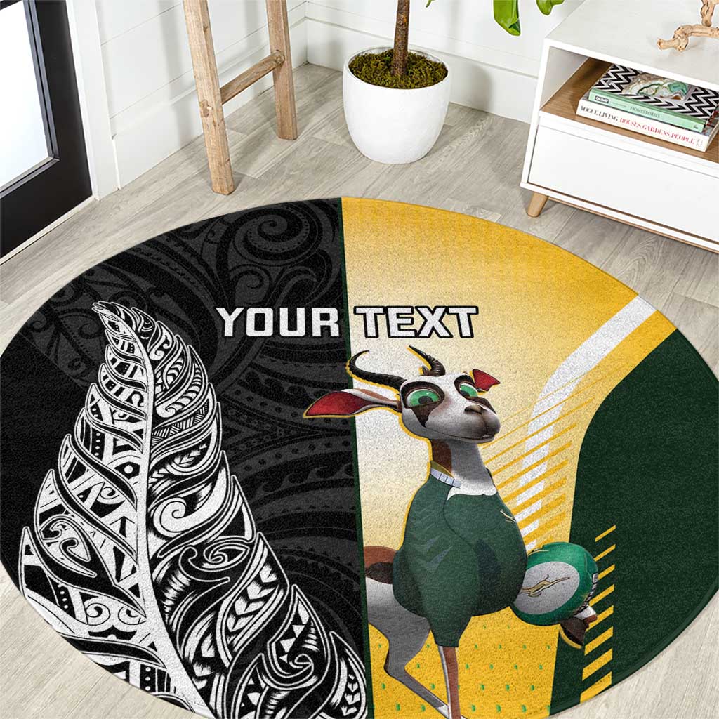 New Zealand and South Africa Rugby Custom Round Carpet Maori Silver Fern Springbok Together LT14 Black - Polynesian Pride