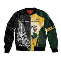 New Zealand and South Africa Rugby Custom Sleeve Zip Bomber Jacket Maori Silver Fern Springbok Together LT14 Unisex Black - Polynesian Pride