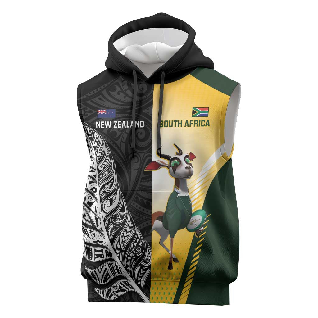 New Zealand and South Africa Rugby Custom Sleeveless Hoodie Maori Silver Fern Springbok Together LT14 Black - Polynesian Pride