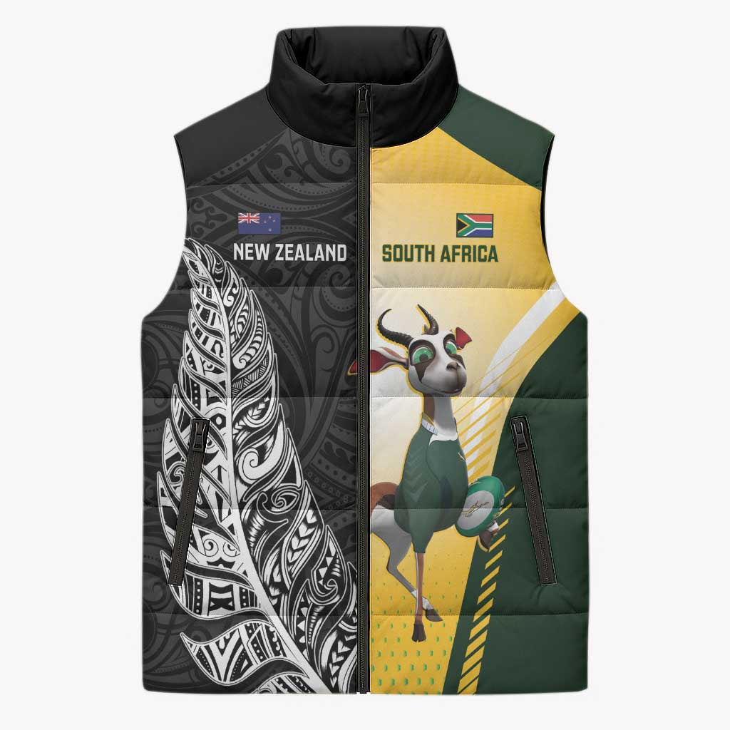 New Zealand and South Africa Rugby Custom Sleeveless Puffer Jacket Maori Silver Fern Springbok Together LT14 Unisex Black - Polynesian Pride