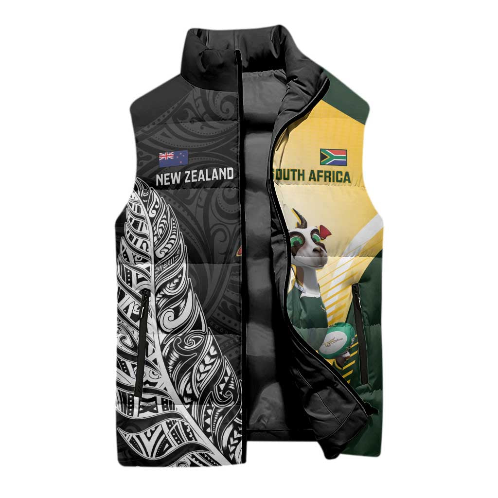 New Zealand and South Africa Rugby Custom Sleeveless Puffer Jacket Maori Silver Fern Springbok Together LT14 - Polynesian Pride